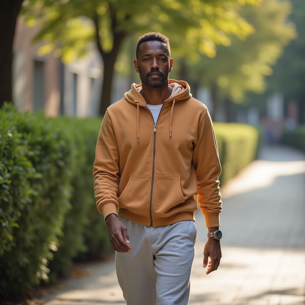 Middle-aged man taking a slow recovery walk outdoors after illness, looking calm and determined