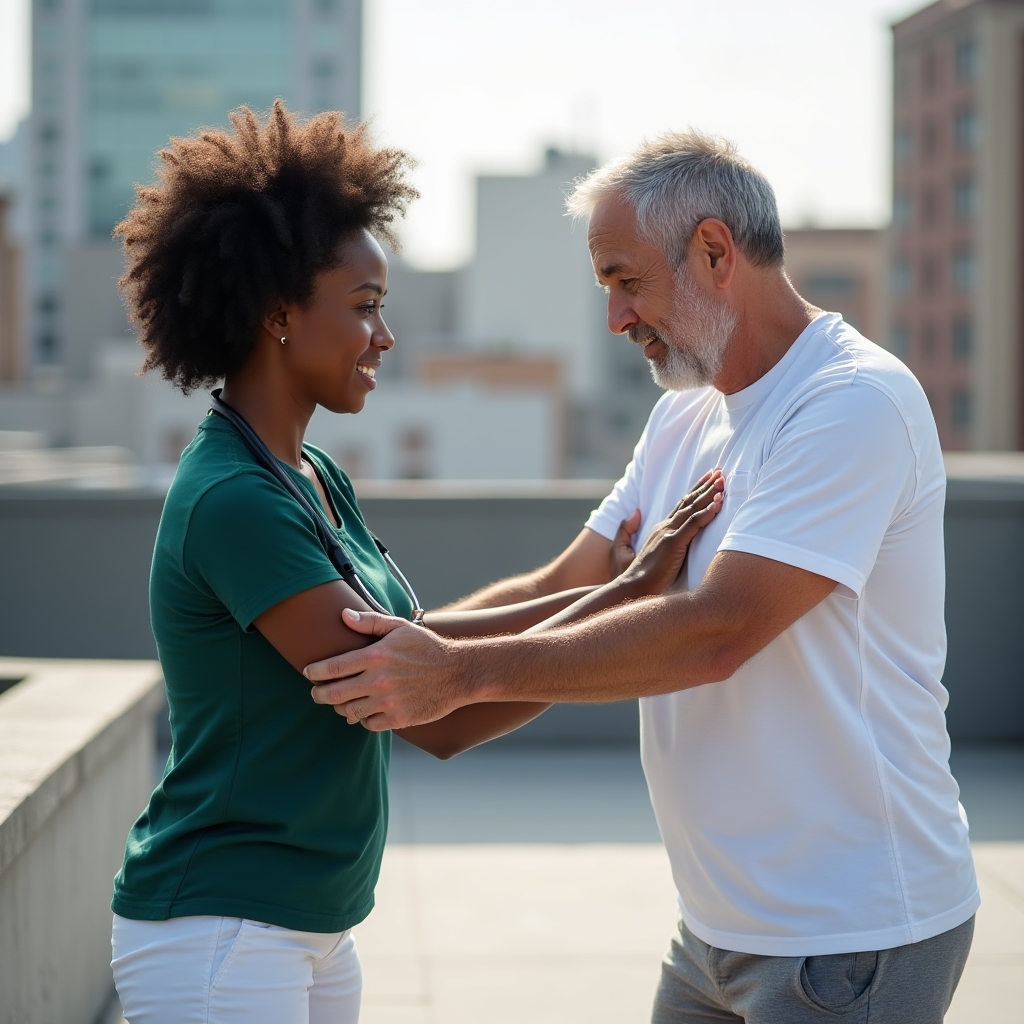 Physical therapist guiding patient through gentle exercises