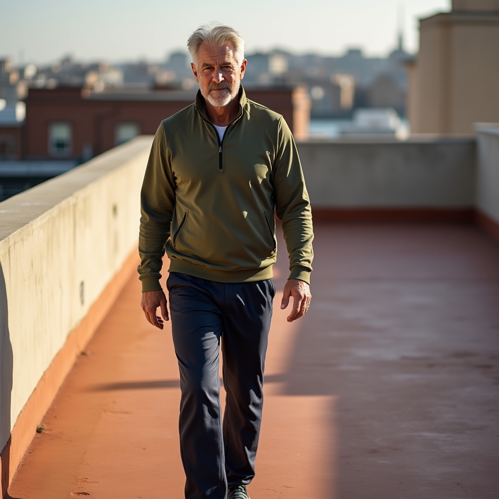 Person doing careful post-injury rehabilitation walk on an urban rooftop path