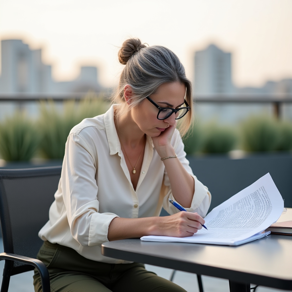 Person reading recovery guide notes on an outdoor terrace with focused expression