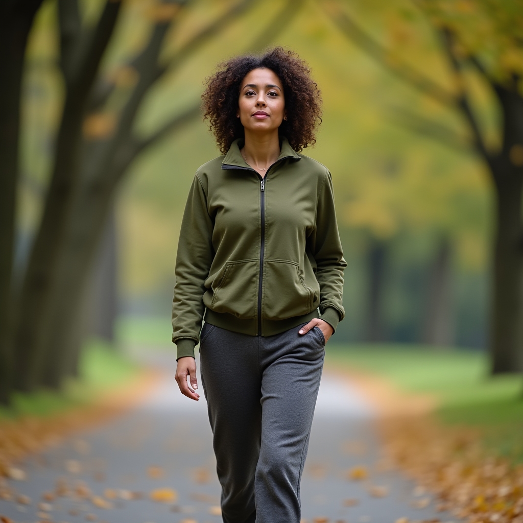 Woman walking slowly through a park path during recovery