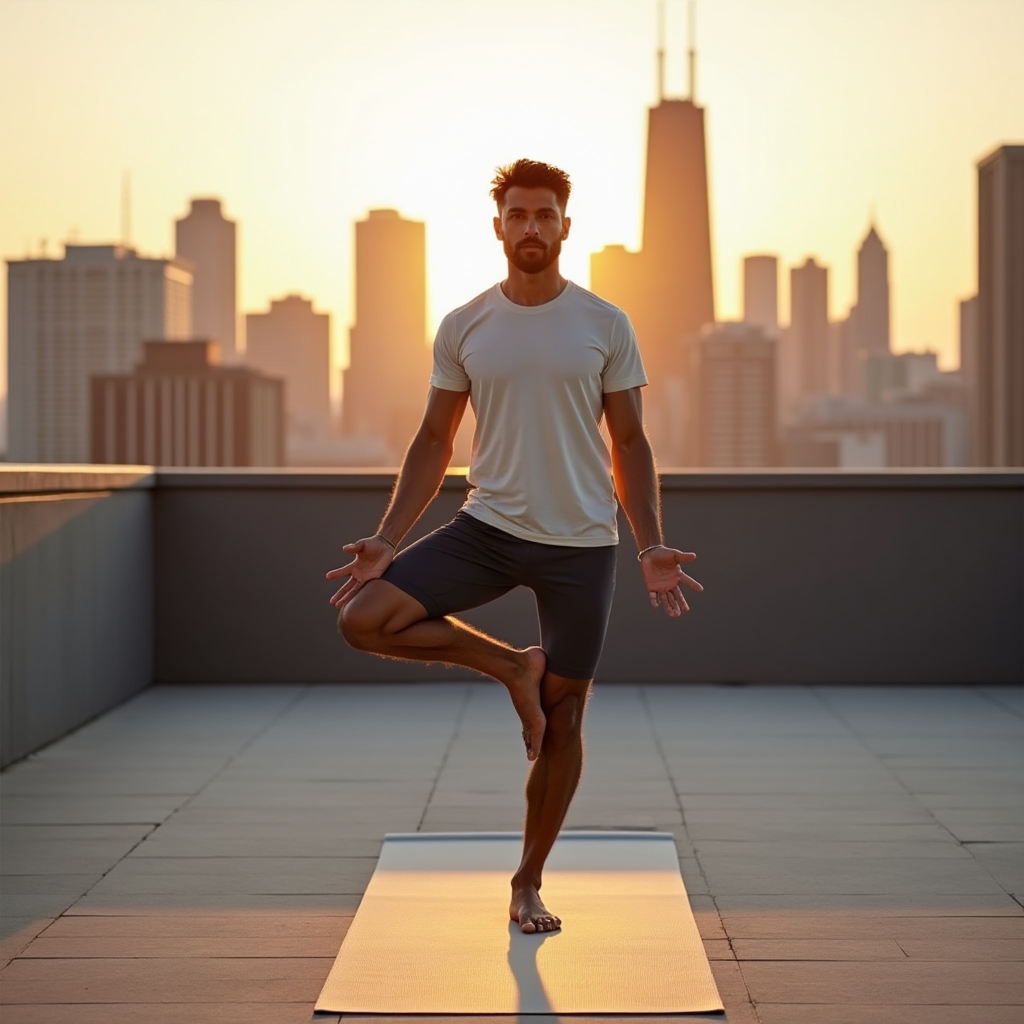 Person holding a beginner yoga pose on an outdoor terrace